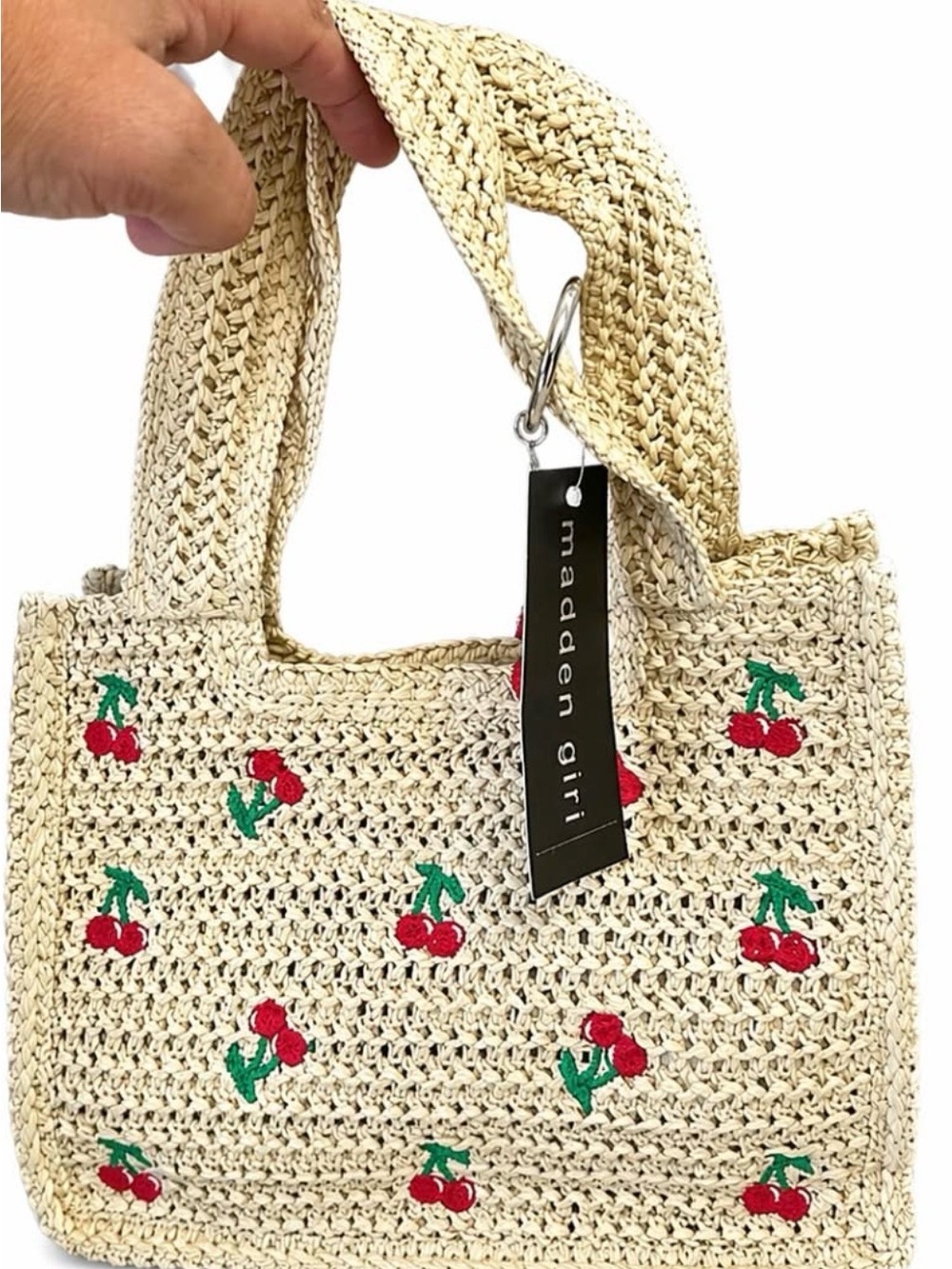 Madden Girl Natural Straw Mini Tote with Red Cherry Embroidery - Picture 1 of 7